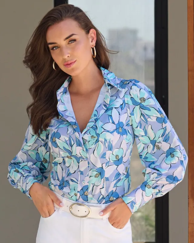 Lillies Print Victoria Chic Drama-Sleeve Shirt Purple sold by Boston Proper