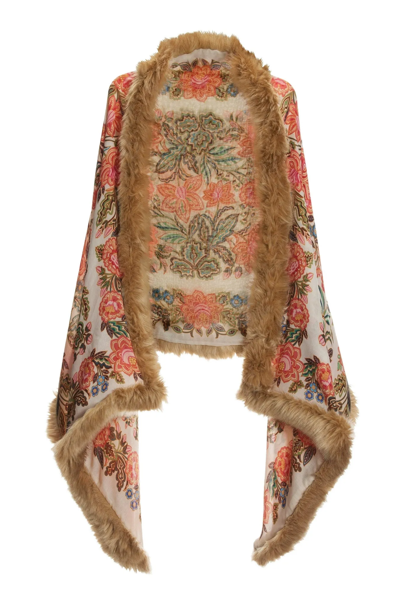 Boho Floral Print Faux Fur Trim Shawl Off White Multi sold by Boston Proper product image thumbnail 2