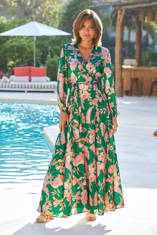 Tropical Summer Wrap Maxi Dress Green sold by Boston Proper