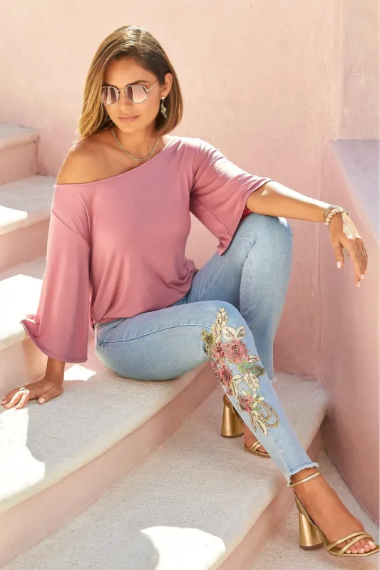 St Tropez Embellished Slim Ankle Jeans Light Wash sold by Boston Proper