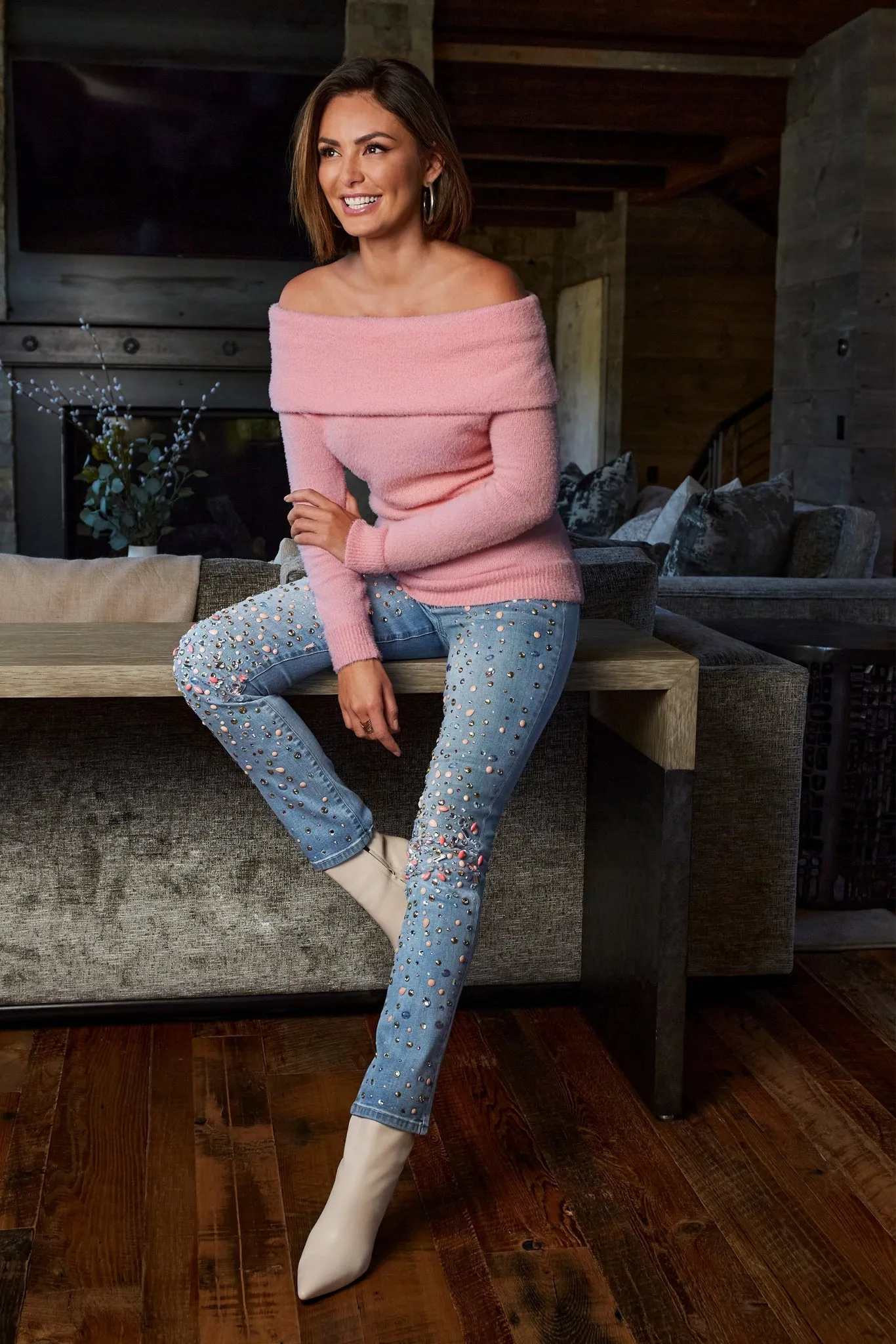 Scattered Embellishment Slim Straight Leg Jean Light Med Wash sold by Boston Proper