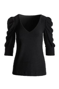 Beyond Travel V-Neck Puff-Sleeve Knit Top Jet Black sold by Boston Proper