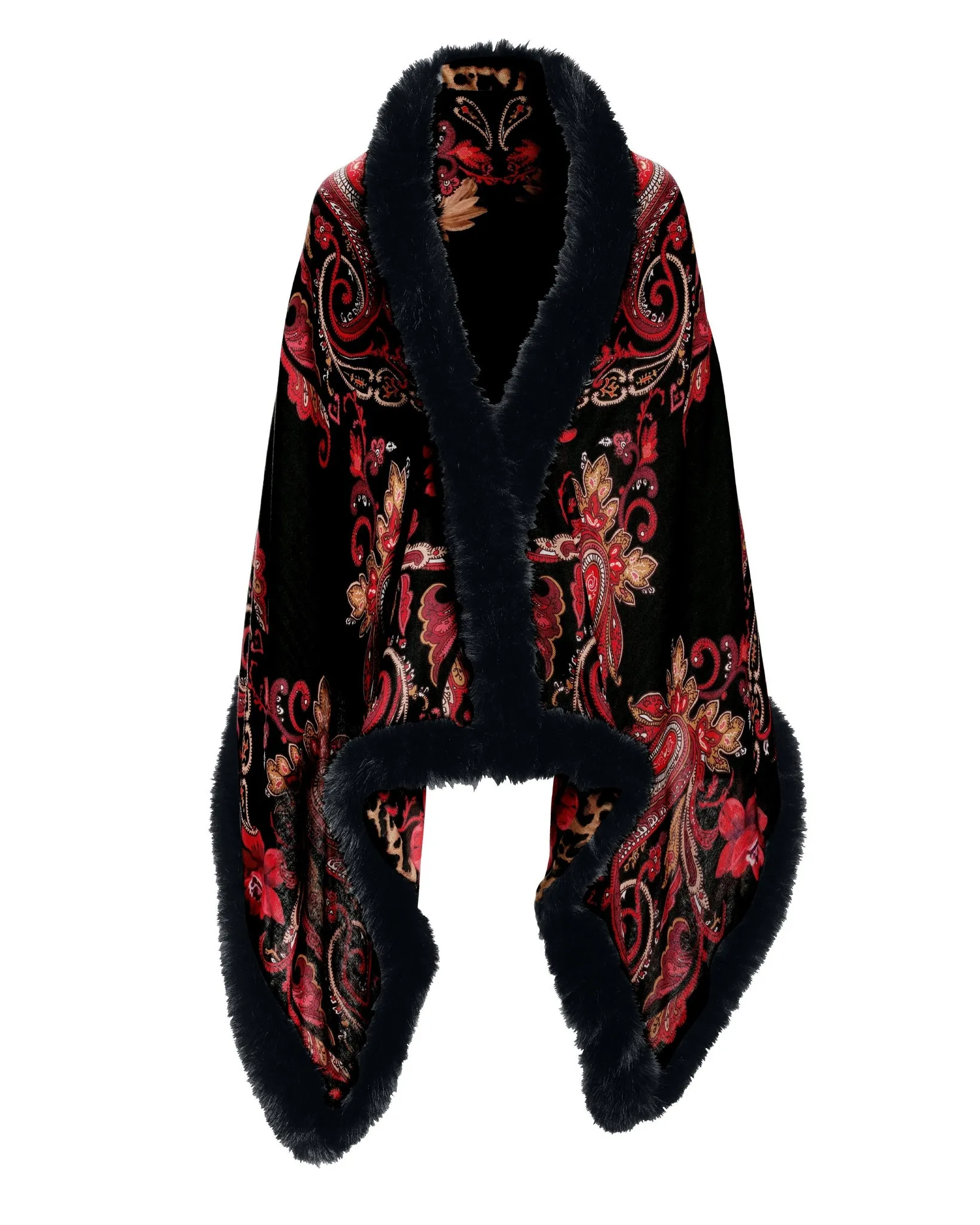Fall Border Print Faux Fur Trim Shawl Black Multi sold by Boston Proper product image thumbnail 2