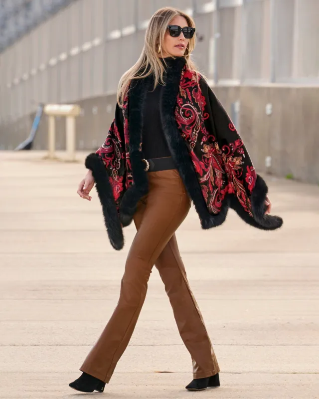 Fall Border Print Faux Fur Trim Shawl Black Multi sold by Boston Proper