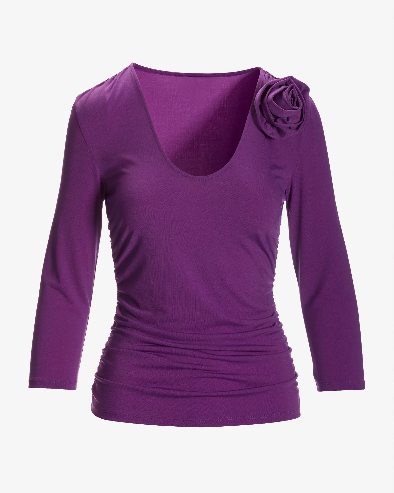 So Chic Ruched Rosette V Neck Knit Top Sparkling Grape sold by Boston Proper product image thumbnail 2