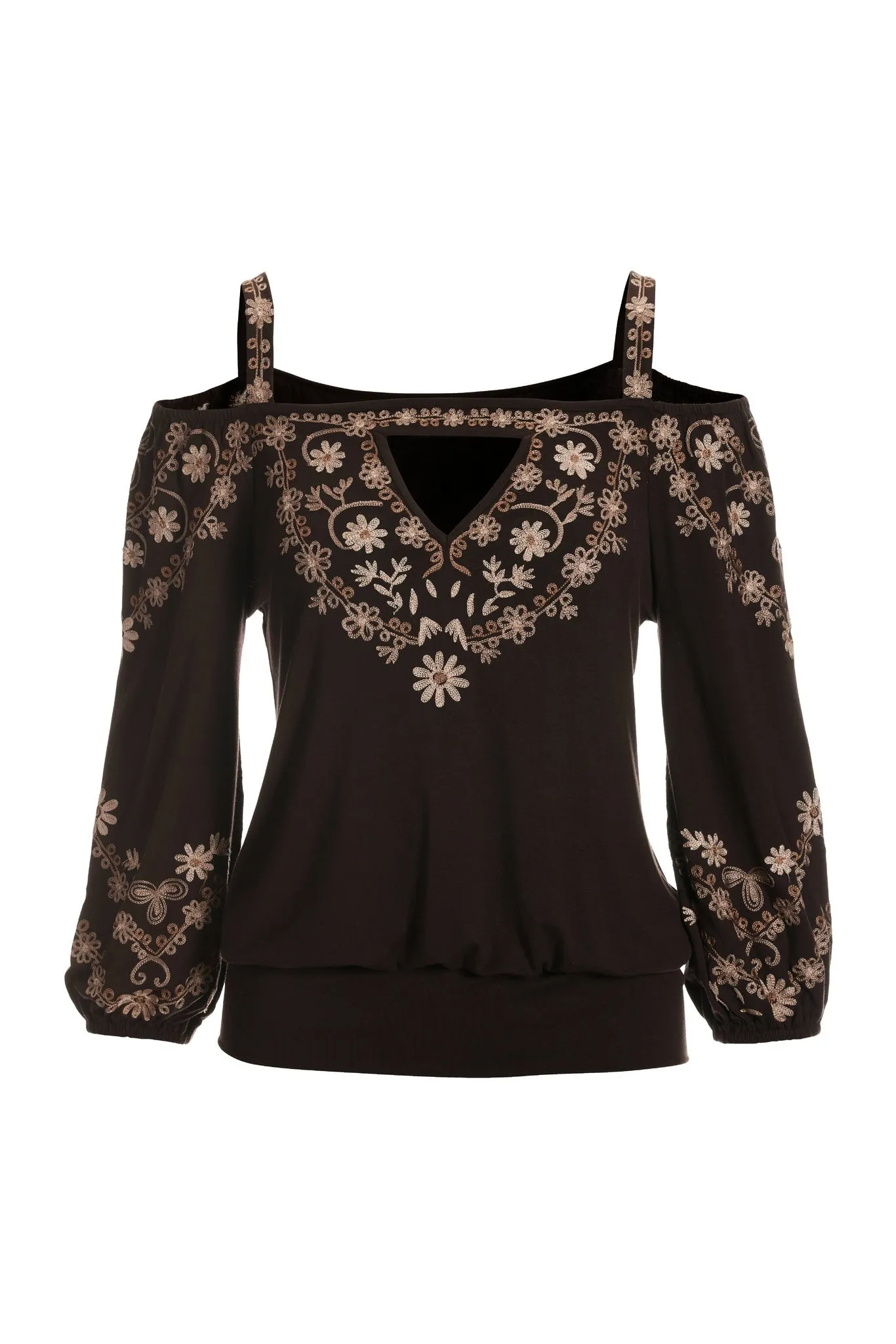 Embroidered Cold Shoulder Blouson Top Brown Multi sold by Boston Proper product image thumbnail 2