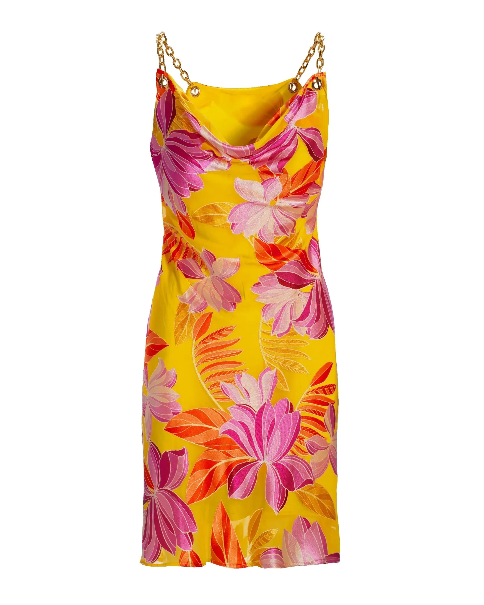 【SATIIIZ】Arlene Layered Wrap One Piece La Sirena Floral Burnout Chain Strap Cowl-Neck Shift Dress