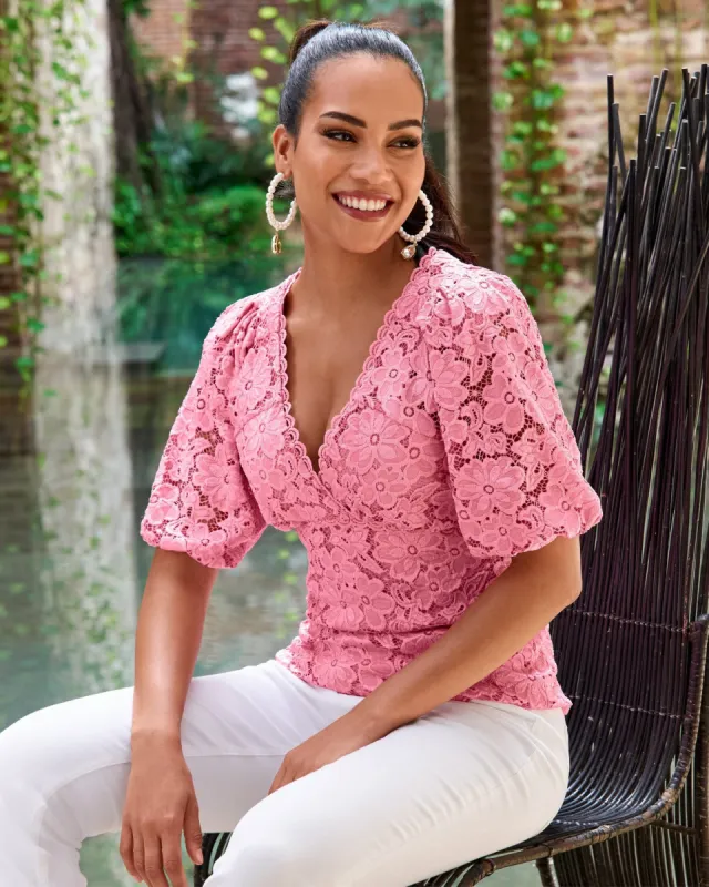 Lace V Neck Knit Top Aurora Pink sold by Boston Proper