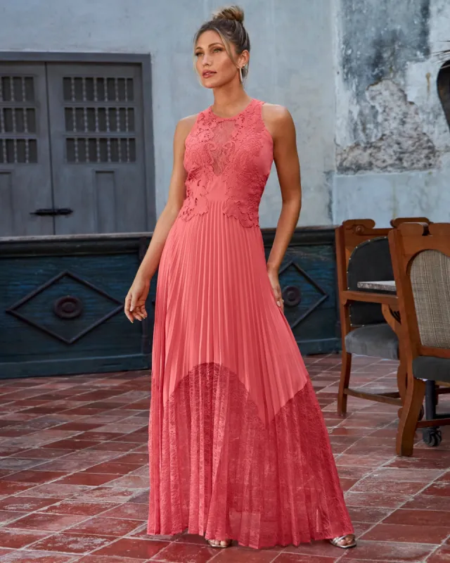 Lace Pleated Occasion Maxi Dress Peach sold by Boston Proper