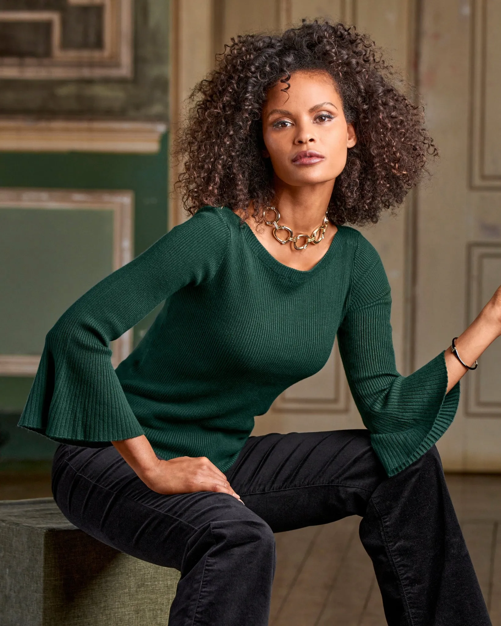 Ribbed Boatneck Flare Sleeve Sweater Deep Emerald sold by Boston Proper