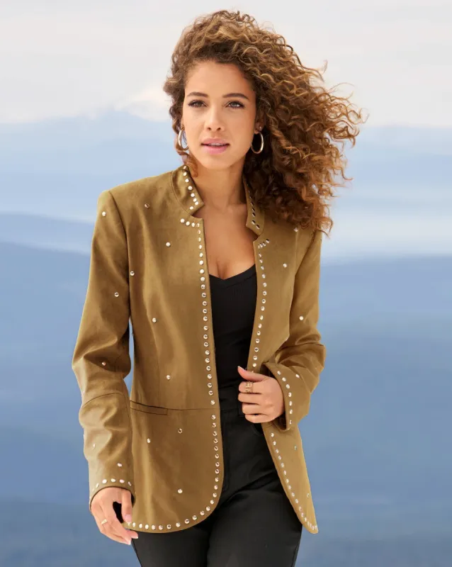 Faux Suede Studded Utility Jacket Cognac sold by Boston Proper