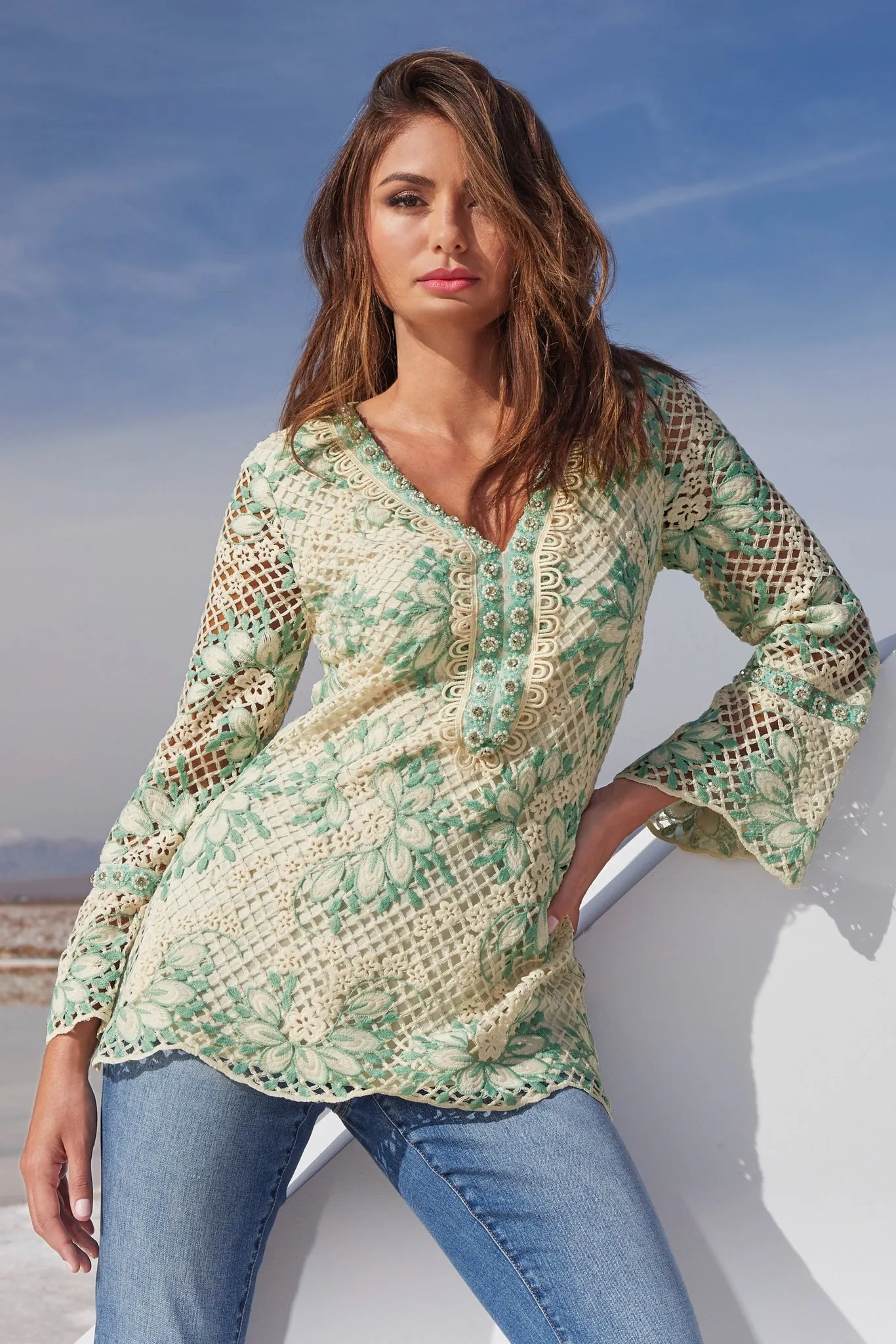 Lace Embellished Tunic Top Off White Multi sold by Boston Proper