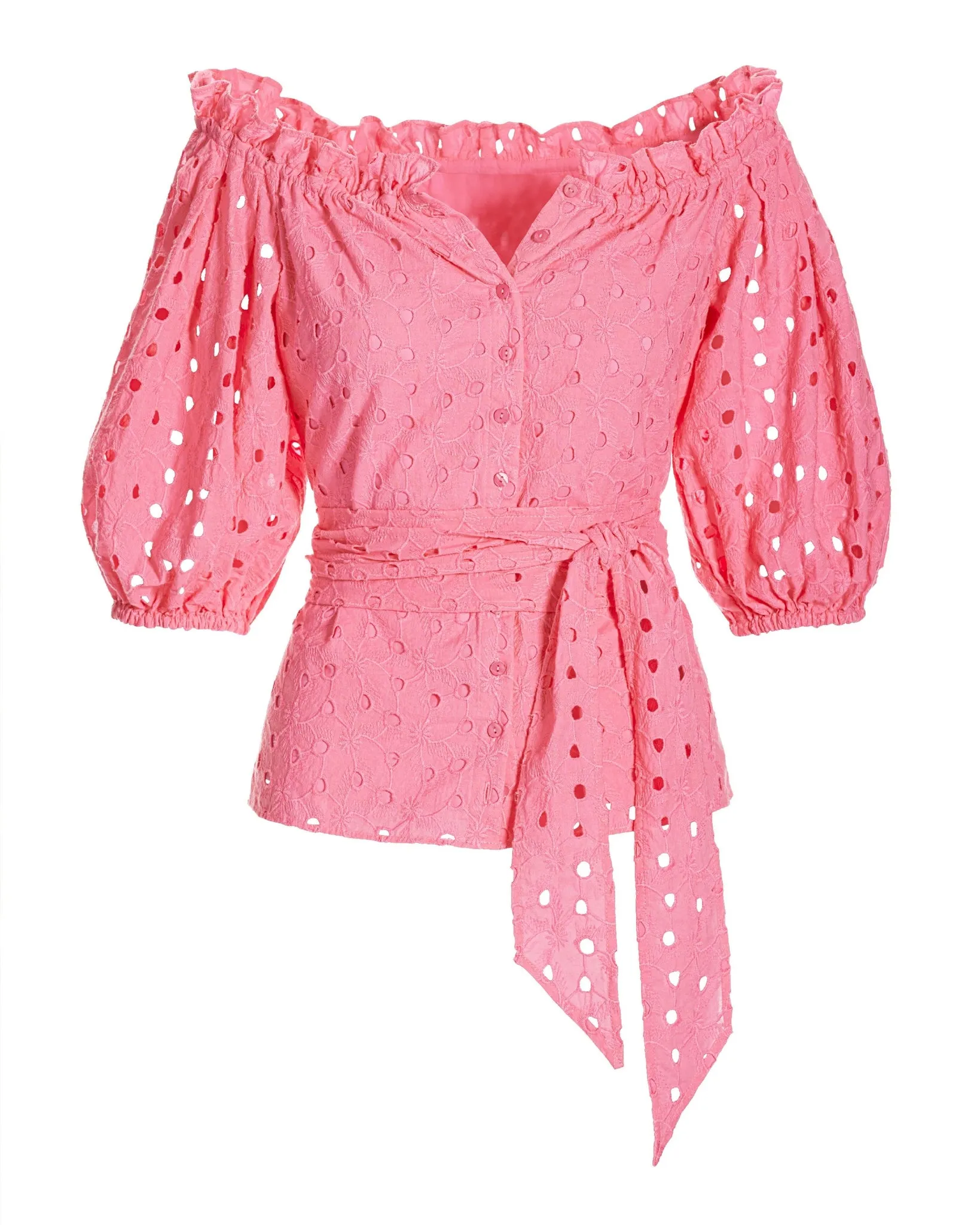 Eyelet Puff Sleeve Tie Waist Peplum Blouse Aurora Pink sold by Boston Proper product image thumbnail 2
