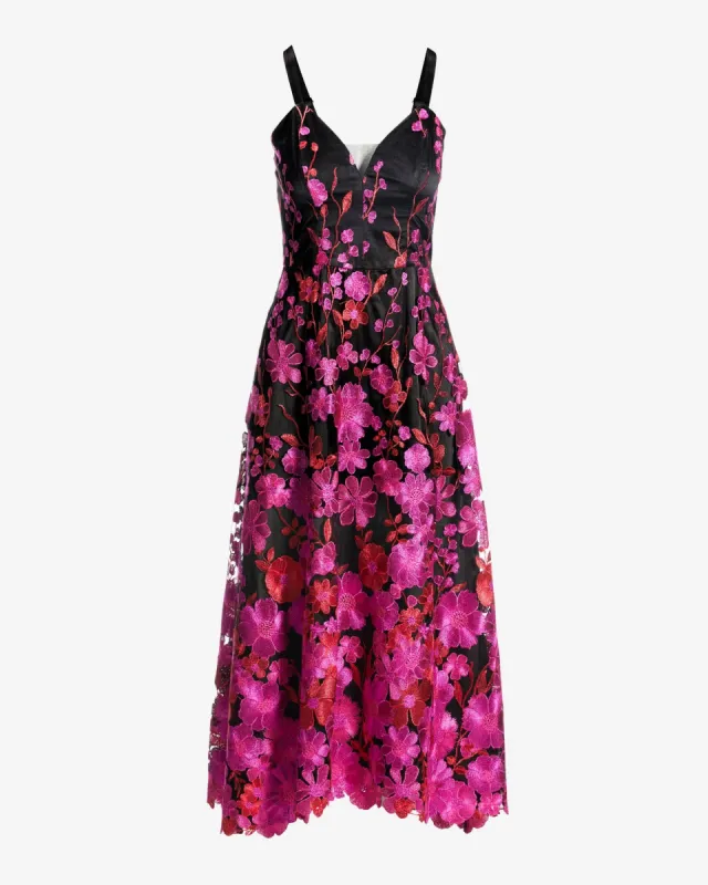 Floral Embroidered Mesh A Line Midi dress Black Multi sold by Boston Proper