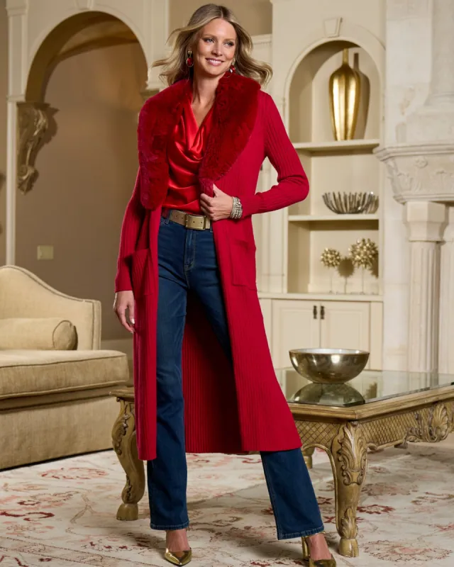 Faux Fur Collar Ribbed Long Cardigan Jester Red sold by Boston Proper