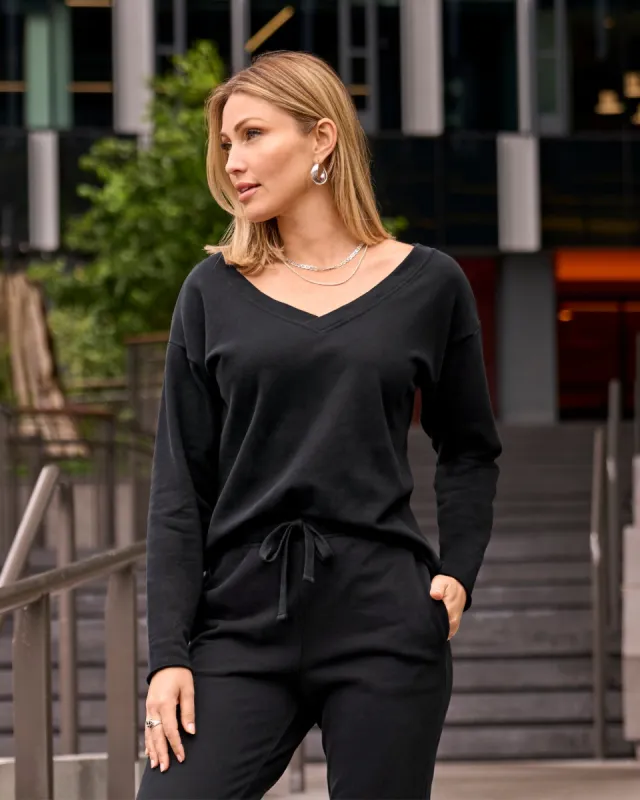 Cotton Comfort Double V Neck Sweatshirt Black sold by Boston Proper