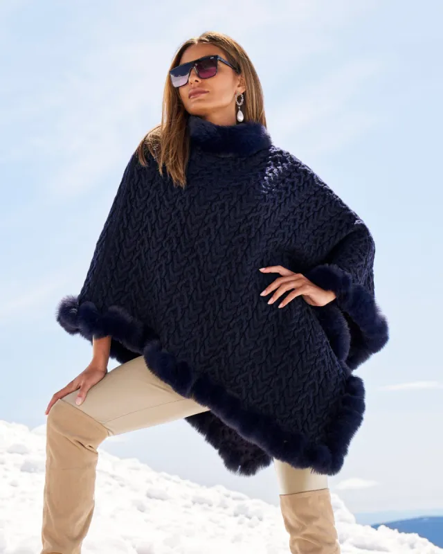 Cable Fur Trim Poncho Evening Blue sold by Boston Proper