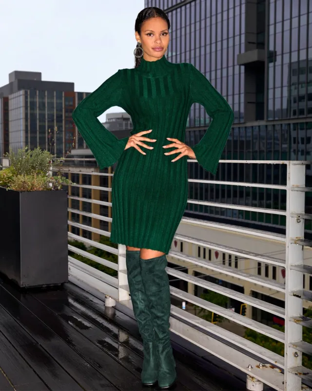 Turtleneck Bell Sleeve Wide Rib Sweater Dress Deep Emerald sold by Boston Proper