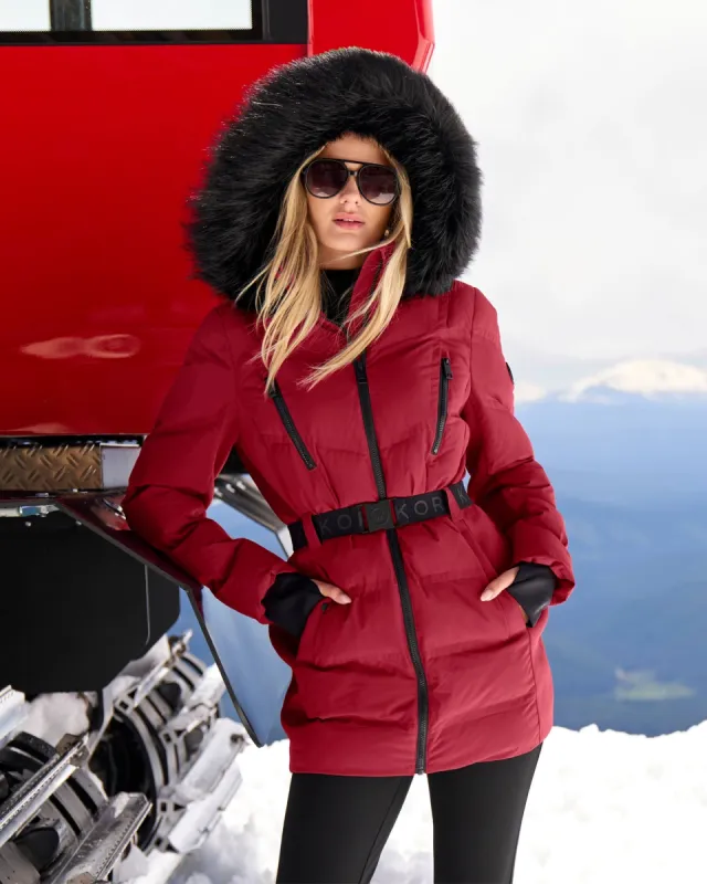 Faux Fur Trim Shaped Belted Puffer Jacket Deep Red sold by Boston Proper