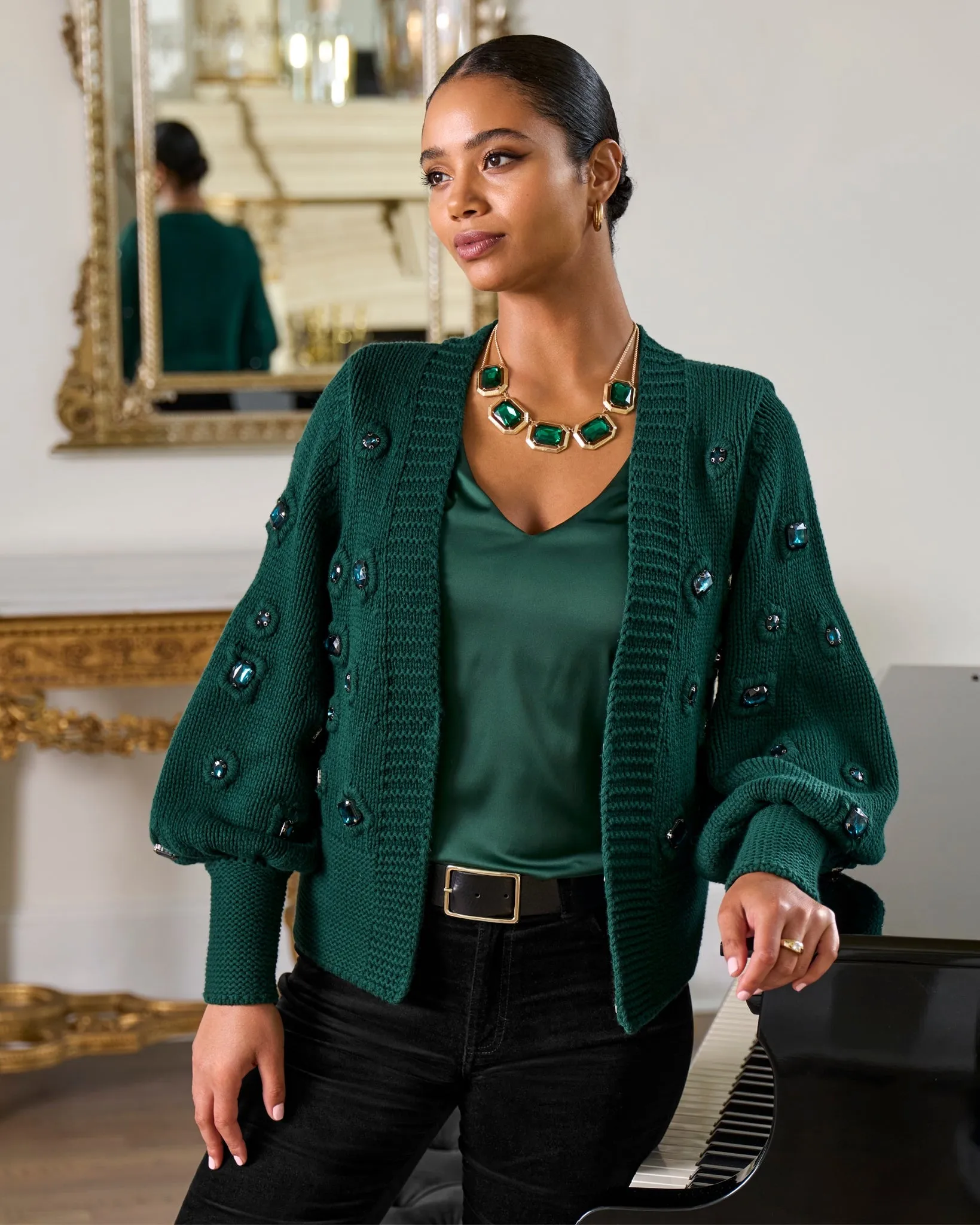 Gem Embellished Cardigan Deep Emerald sold by Boston Proper