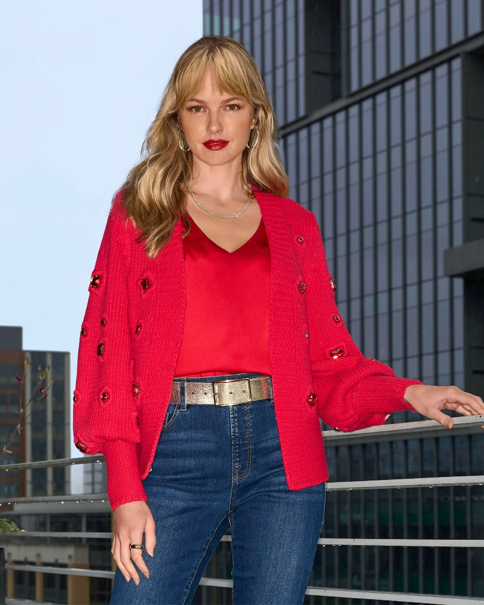 Gem Embellished Cardigan Racing Red sold by Boston Proper