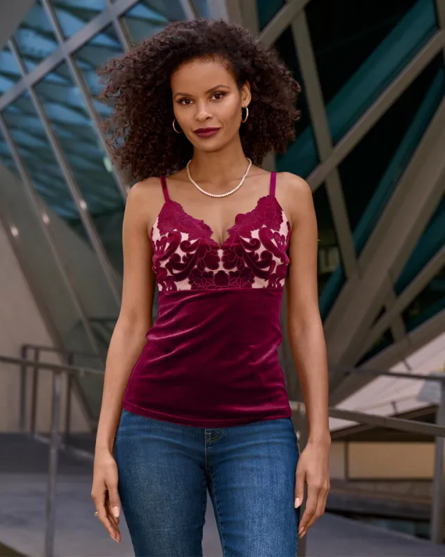 Velvet Scalloped Lace V Neck Cami Top Rumba Red sold by Boston Proper