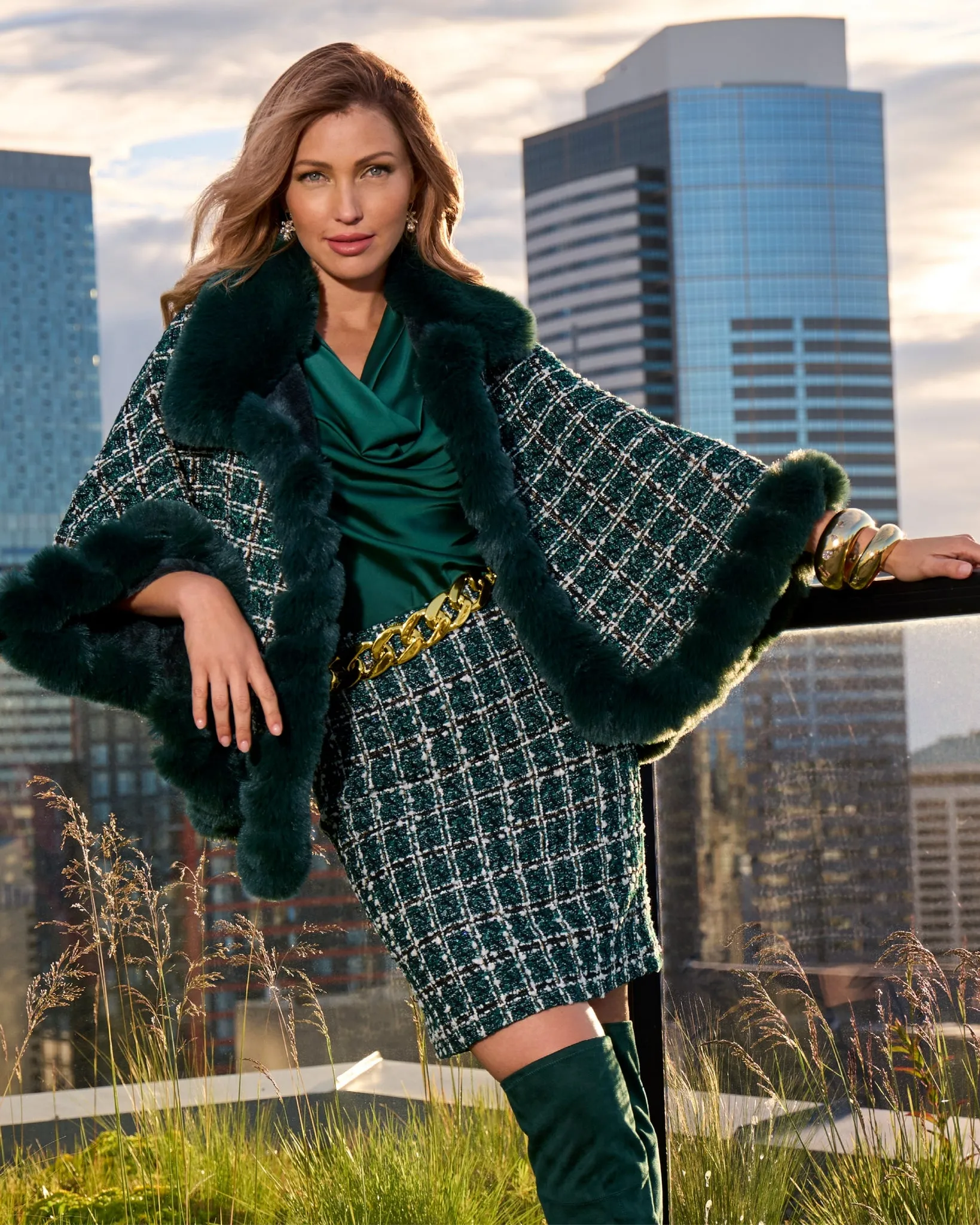 Faux Fur Trim Tweed Shawl Deep Emerald sold by Boston Proper