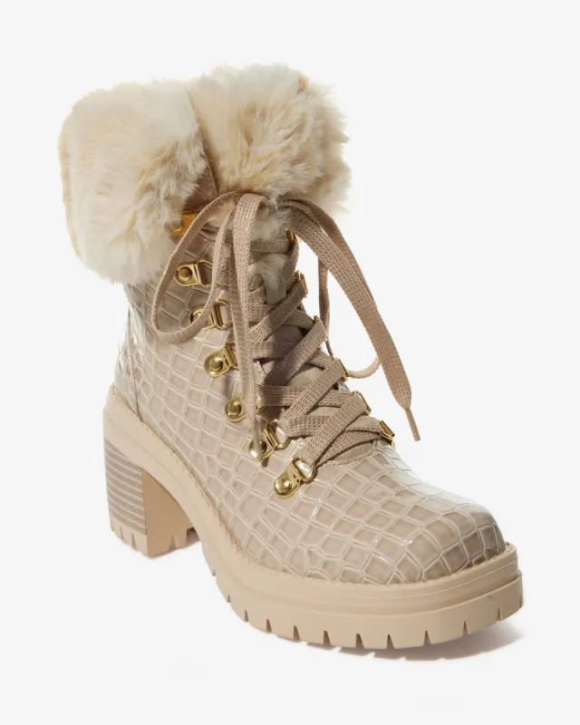 Croco Fur Lace Up Bootie Neutral sold by Boston Proper
