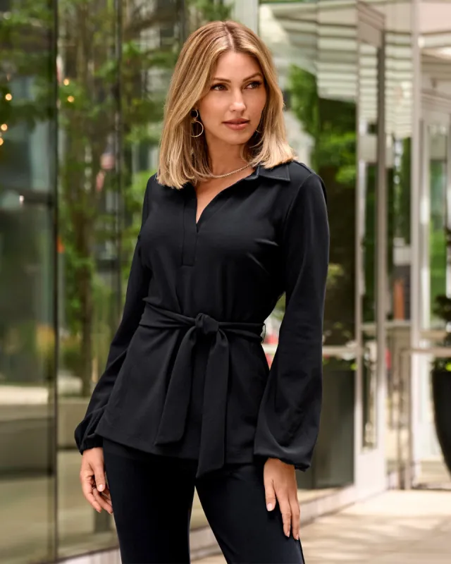 Beyond Travel Tie Waist Tunic Top Jet Black sold by Boston Proper