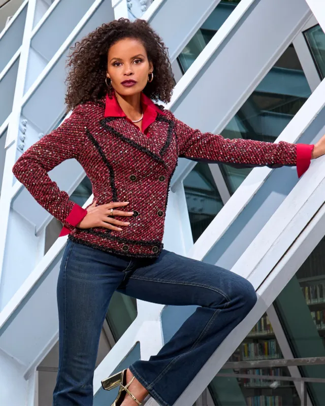 Double Breasted Tweed Moto Jacket Black Multi sold by Boston Proper