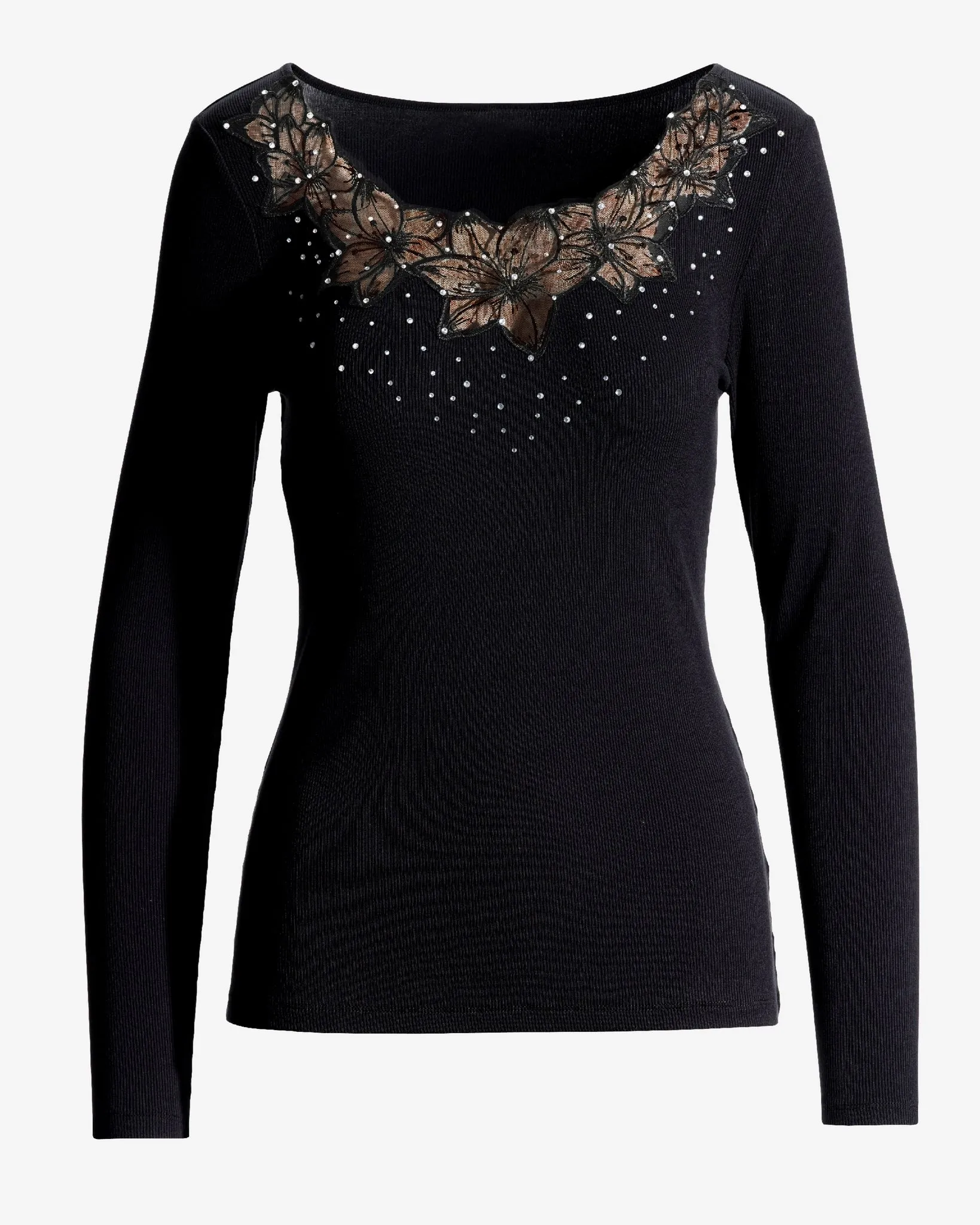 So Essential Mesh Floral Long Sleeve Ribbed Top Black sold by Boston Proper product image thumbnail 2