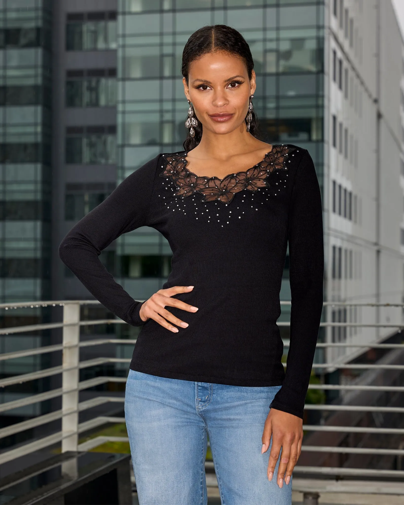 So Essential Mesh Floral Long Sleeve Ribbed Top Black sold by Boston Proper
