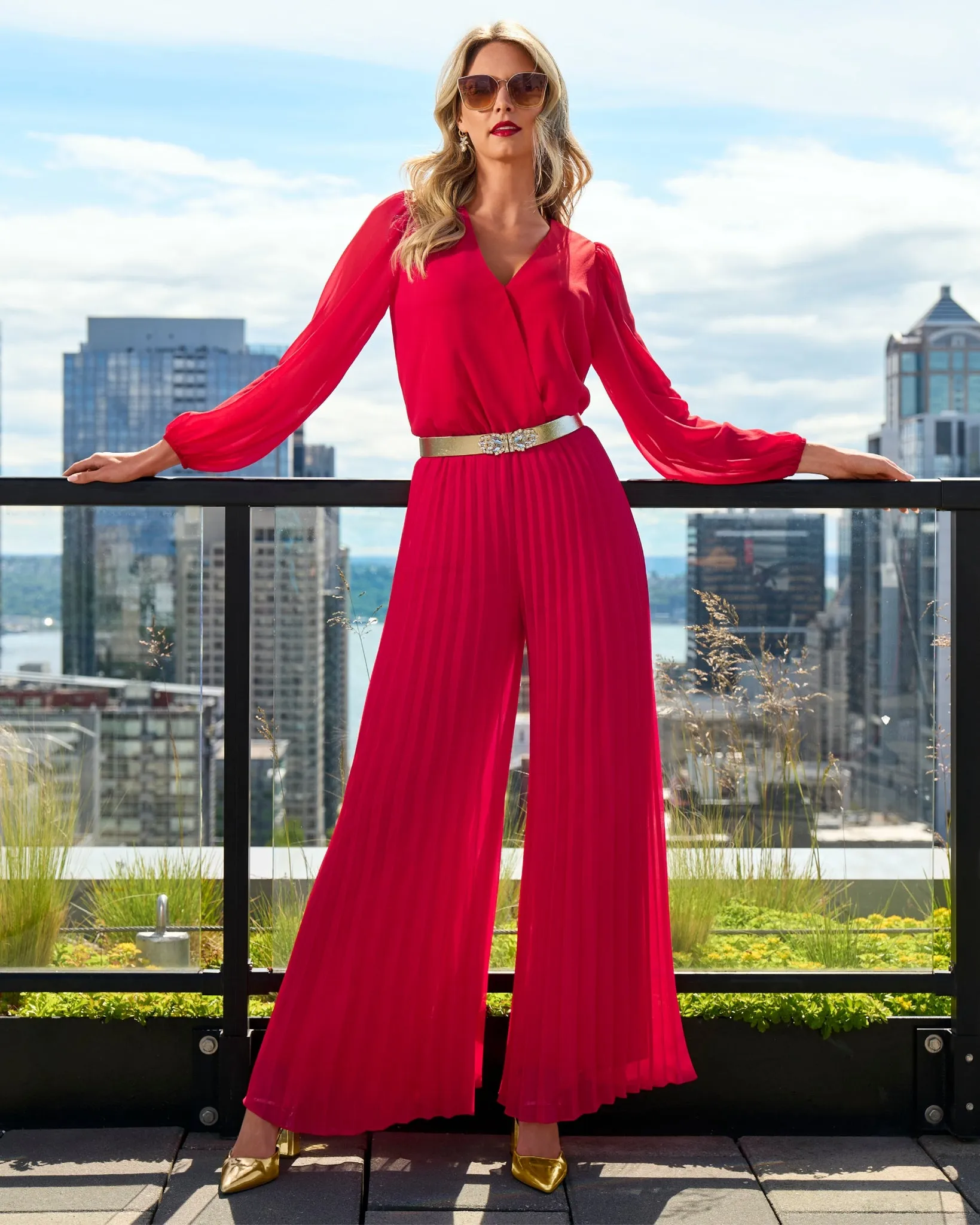 Long Sleeve Pleated Wide Leg Jumpsuit Tomato Red sold by Boston Proper