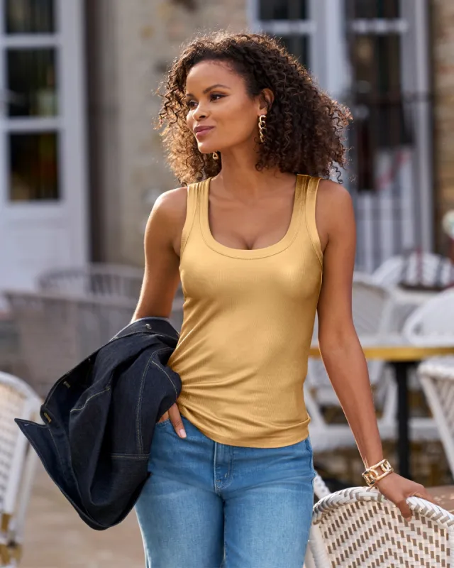 So Essential Foil Ribbed Scoop Neck Tank Top Gold sold by Boston Proper
