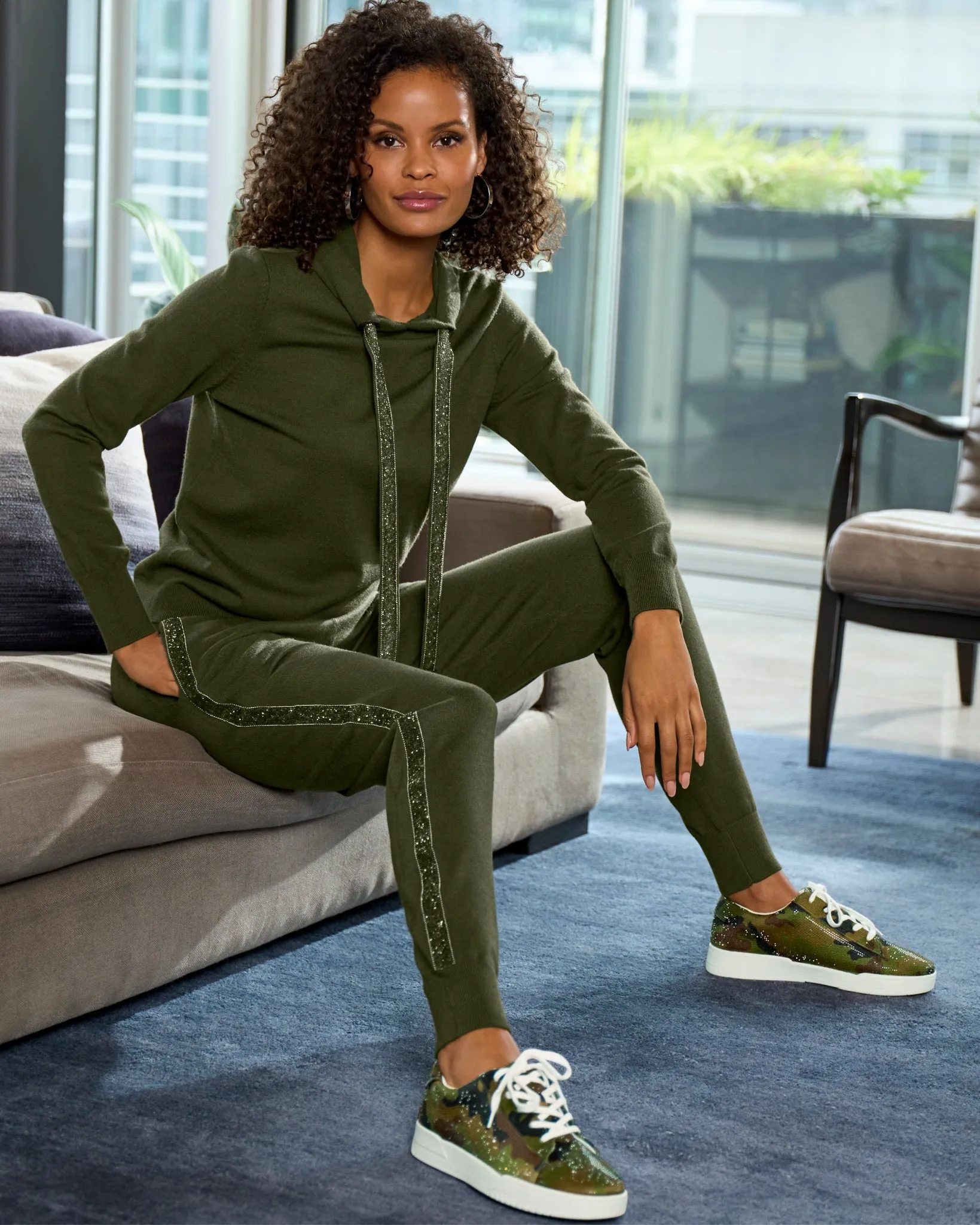 Embellished Hoodie Sweater Set Olive Night sold by Boston Proper