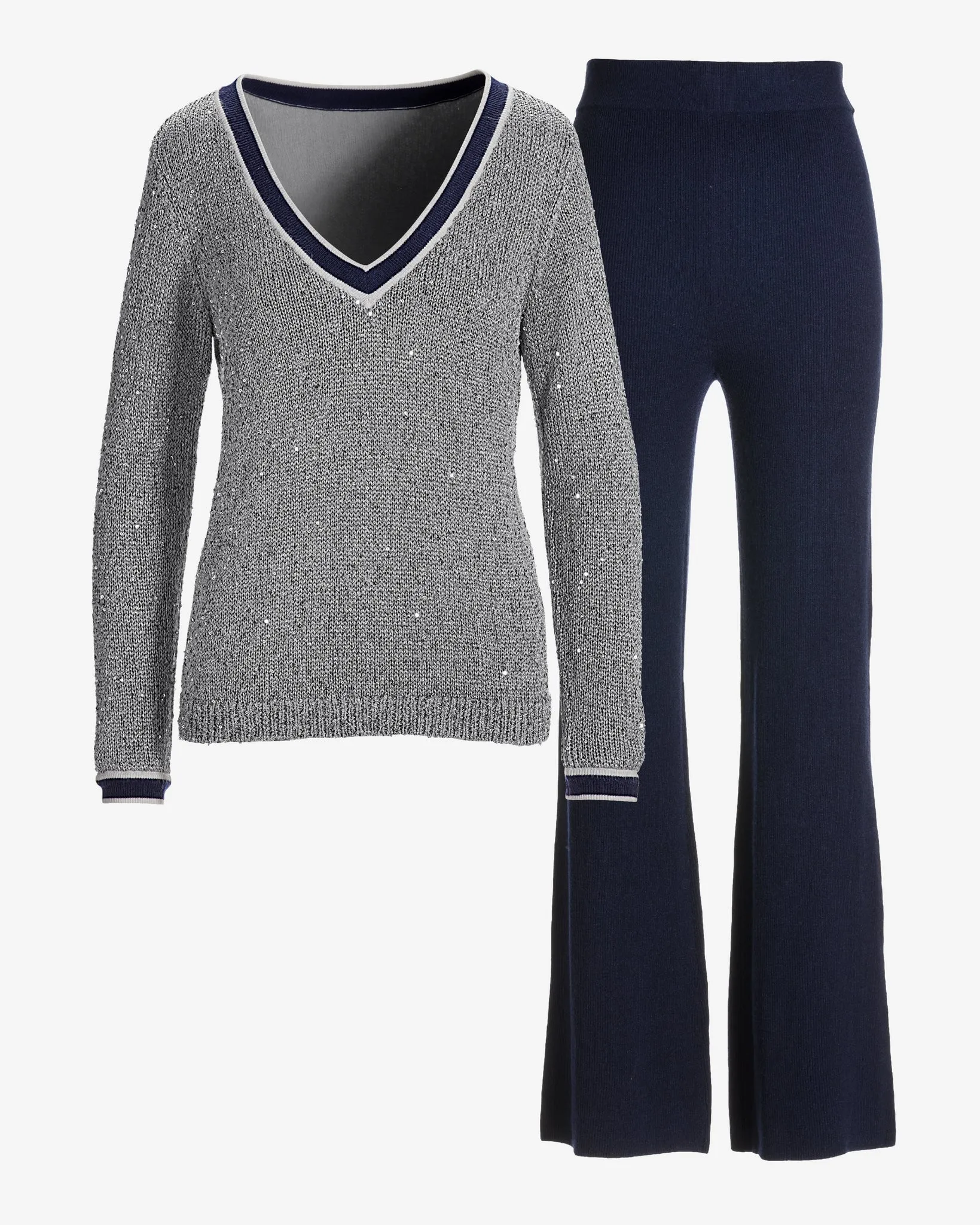 Sequin Stripe V Neck Sweater Set Silver sold by Boston Proper product image thumbnail 2