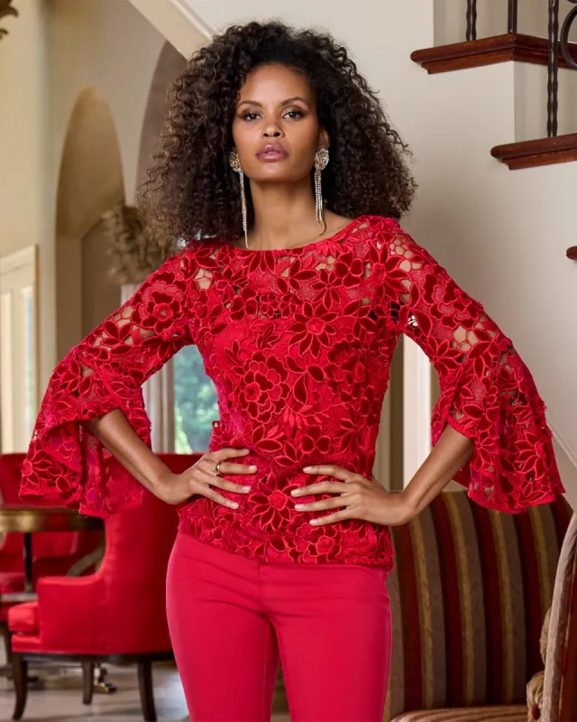 Velvet Lace Drama Sleeve Blouse Racing Red sold by Boston Proper