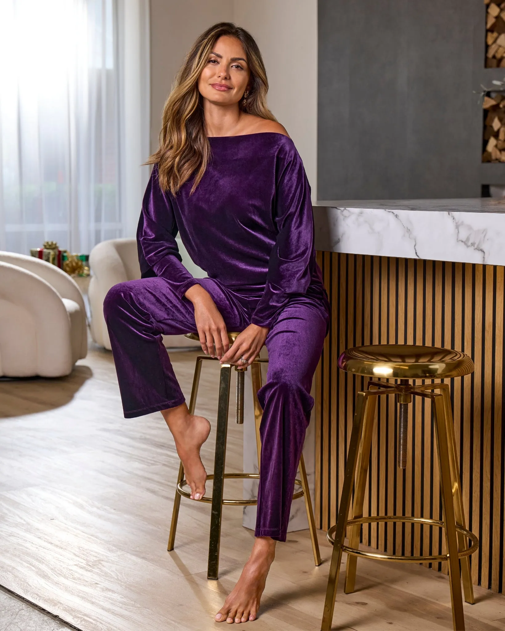 Chic Velour Slouchy and Wide Leg Lounge Set Deep Purple sold by Boston Proper