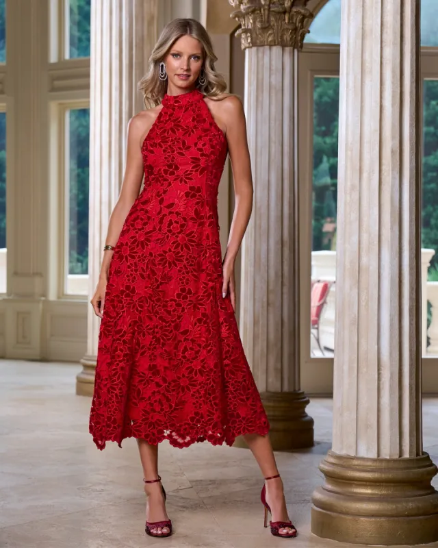 Mock Neck Velvet Lace Midi Dress Racing Red sold by Boston Proper