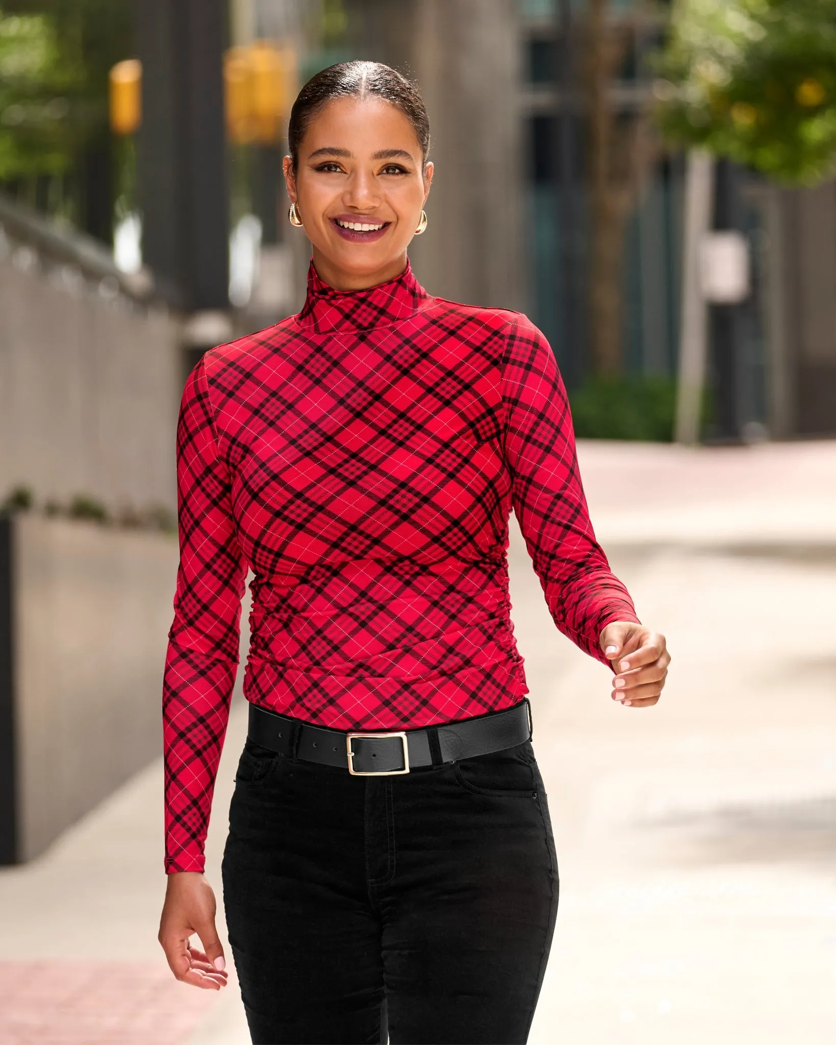 So Chic Ruched Holly Plaid Turtleneck Red sold by Boston Proper