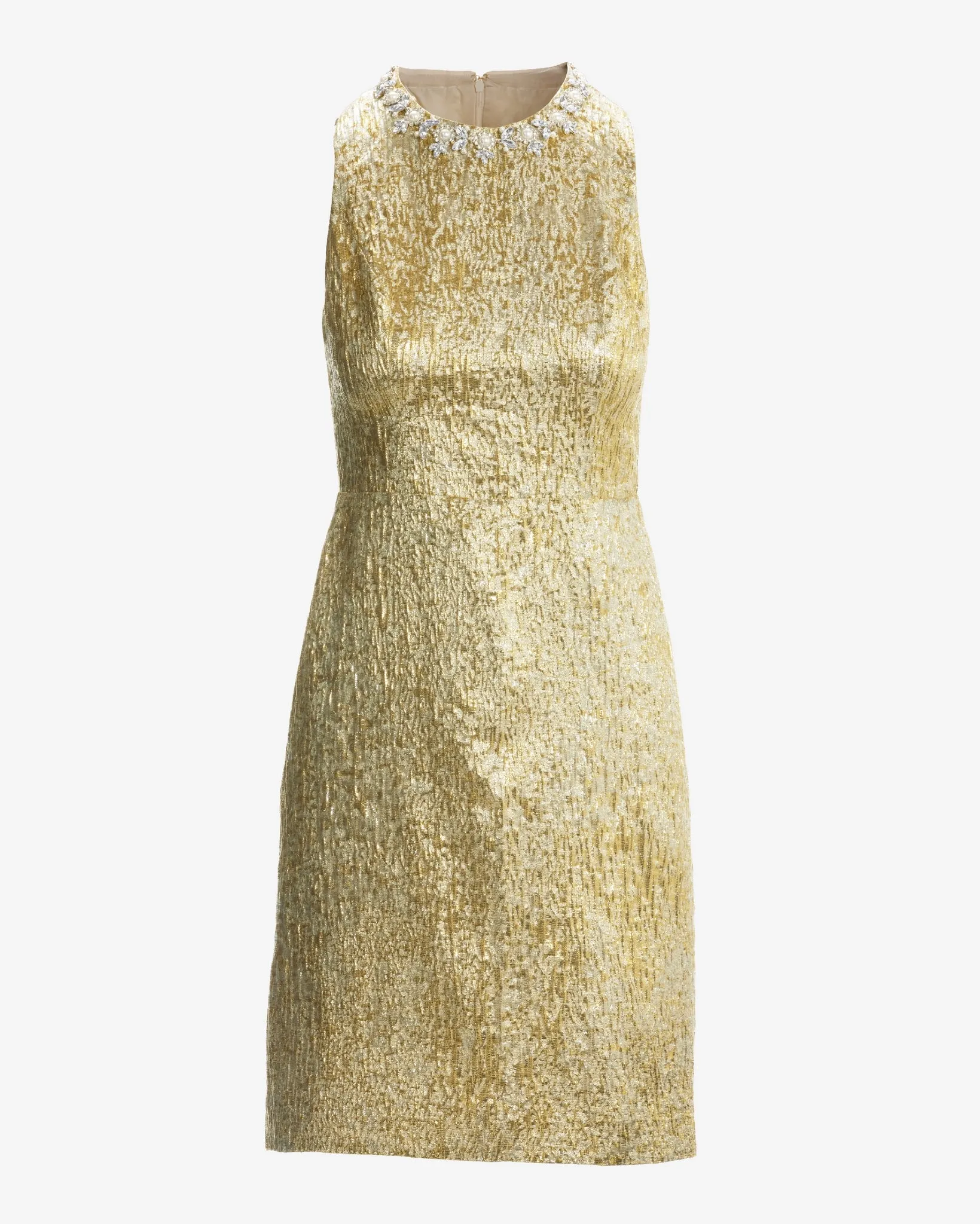 Pearl Embellished Metallic Jacquard Sheath Dress Gold sold by Boston Proper product image thumbnail 2