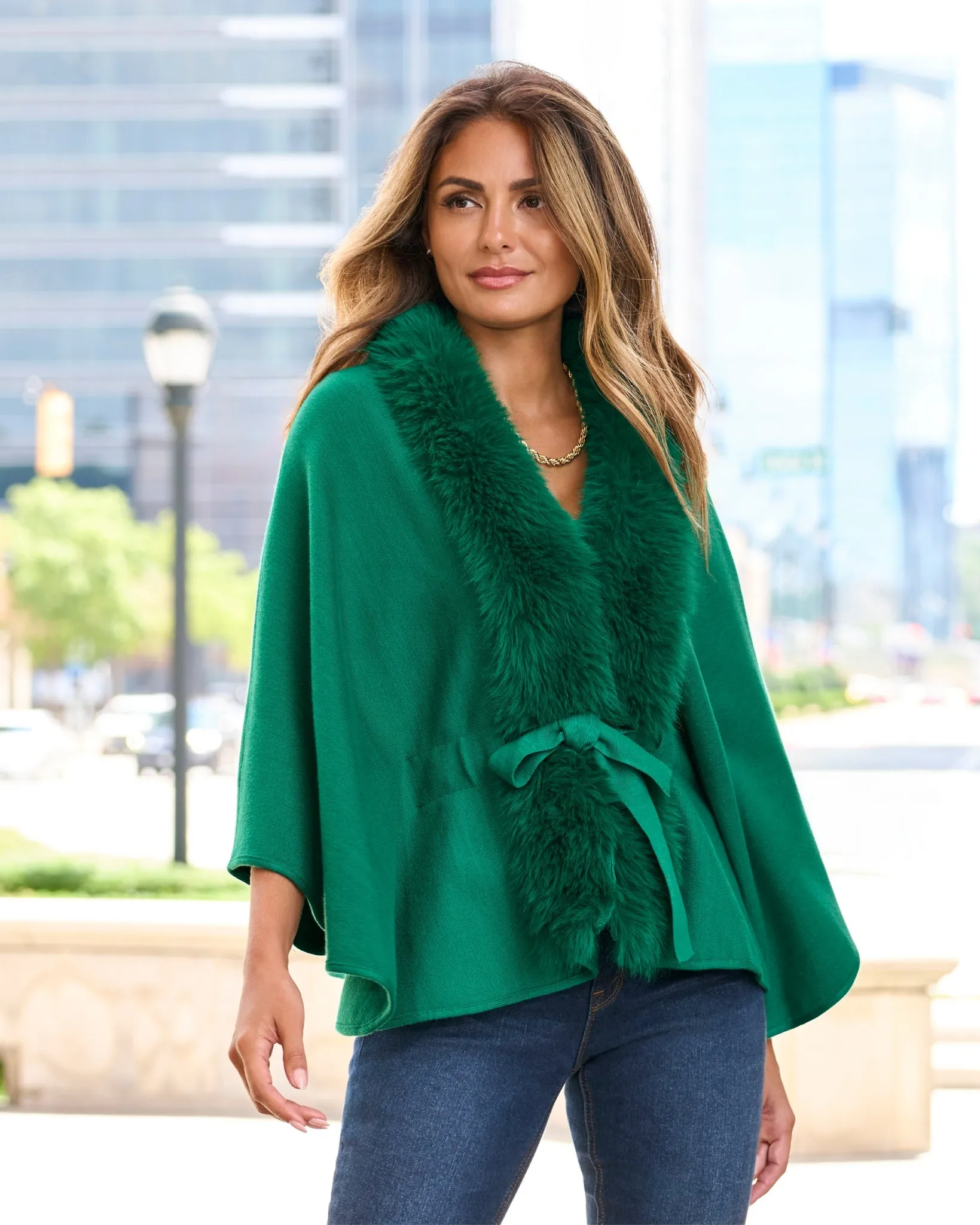 Faux Fur Tie Waist Poncho Ultramarine Green sold by Boston Proper