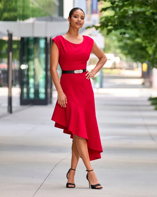 Asymmetrical Ruffle Midi Dress Racing Red sold by Boston Proper
