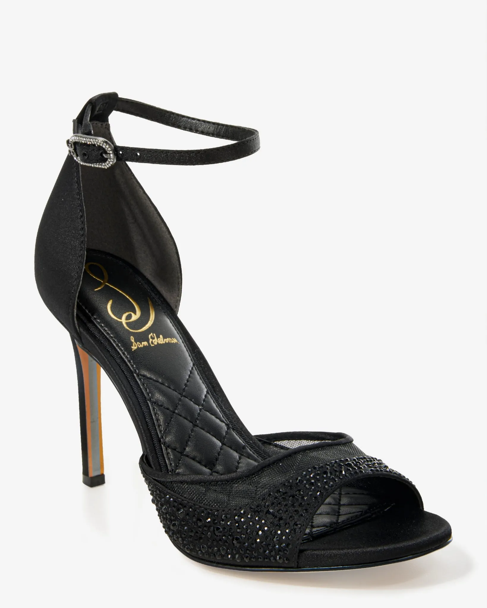 Crystal Embellished Mesh Ankle Strap Heel Black sold by Boston Proper