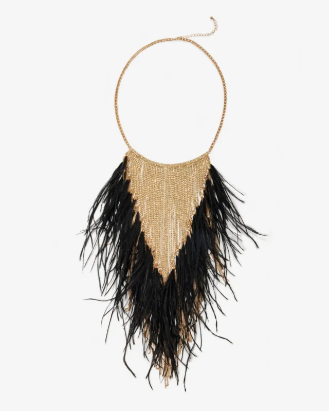 Crystal Feather Statement Necklace Black/Gold sold by Boston Proper