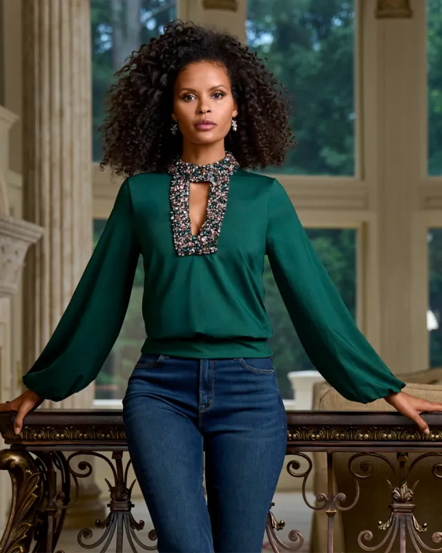 Embellished Keyhole Blouson Top Deep Emerald sold by Boston Proper
