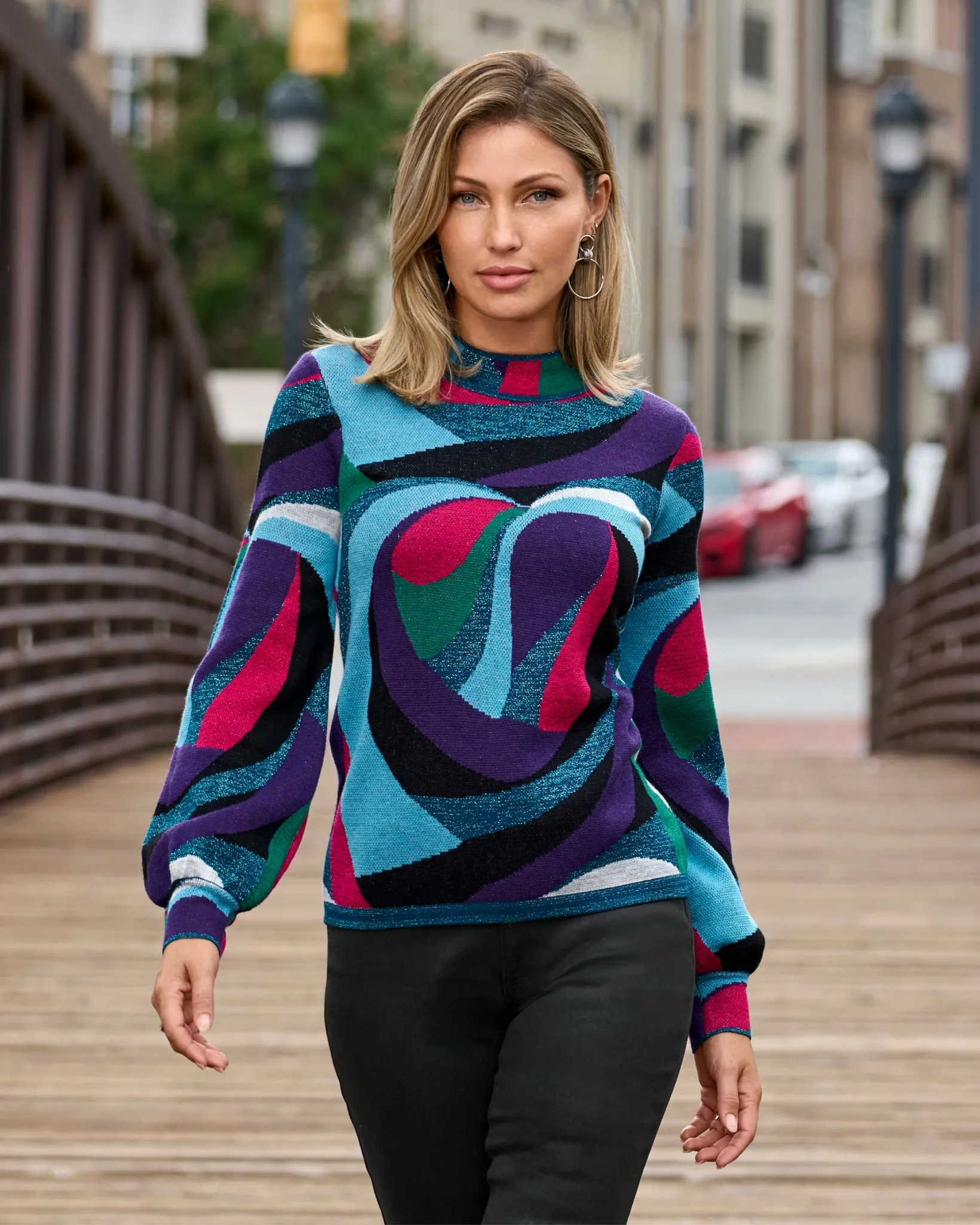 Abstract Jacquard Mock Neck Sweater Multi sold by Boston Proper