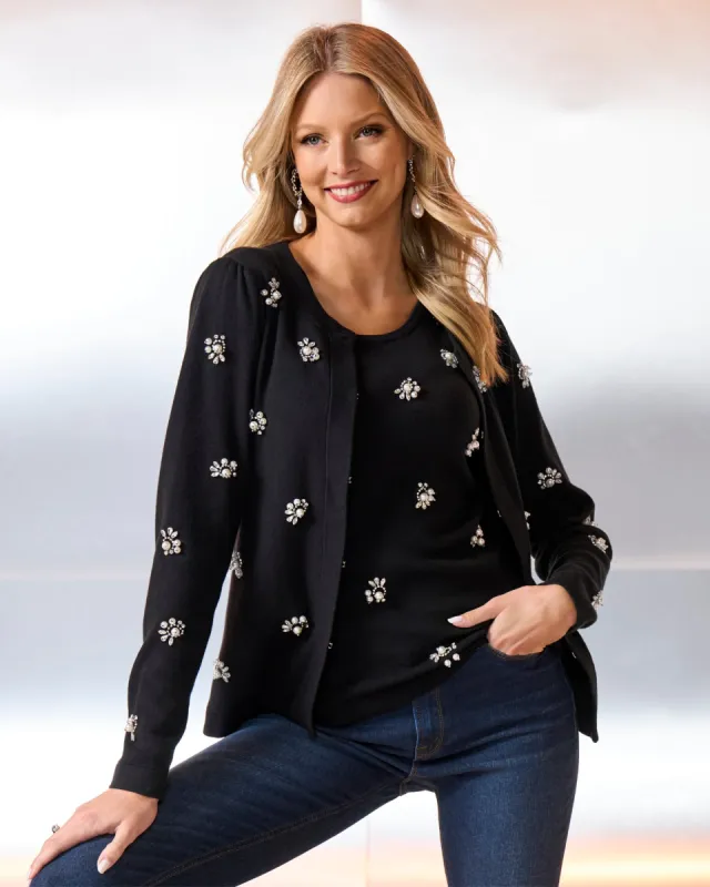 Pearl and Rhinestone Embellished Cardigan Black sold by Boston Proper