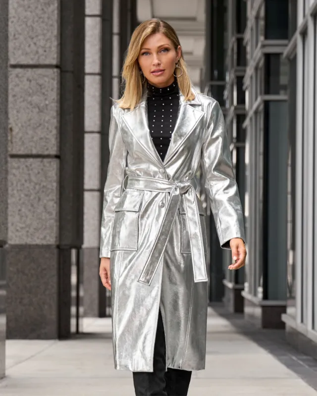 Metallic Faux Leather Blazer Style Trench Coat Silver sold by Boston Proper
