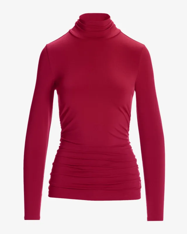 So Chic Ruched Turtleneck Top Rumba Red sold by Boston Proper